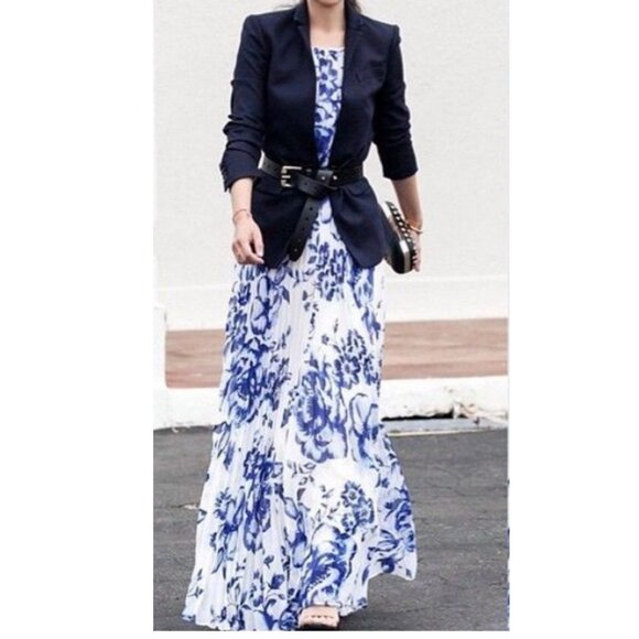 Pleated Blue Floral Chiffon Belted Maxi Dress - Picture 1 of 10